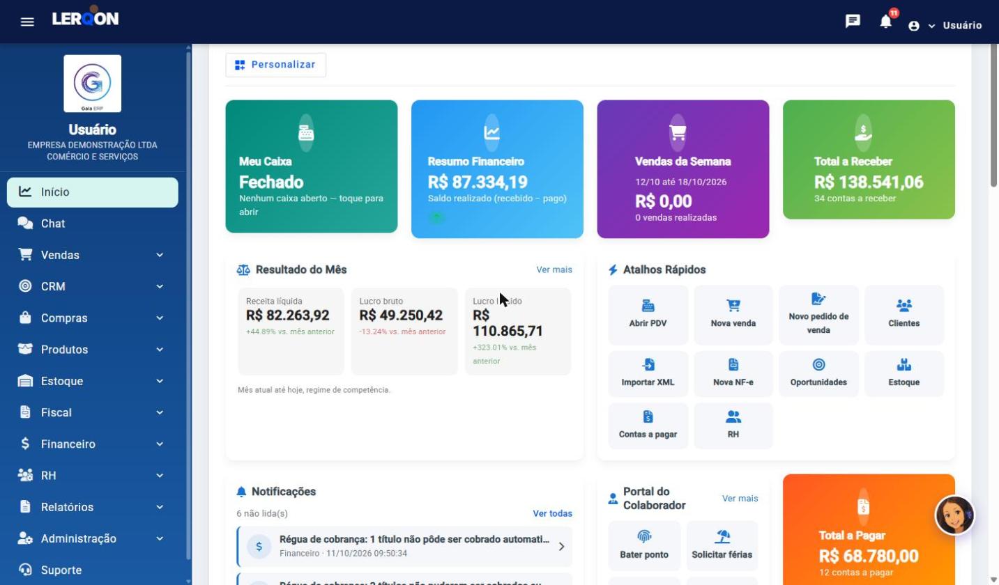 Dashboard do LerqOn com caixa, resumo financeiro, resultado do mês e atalhos rápidos