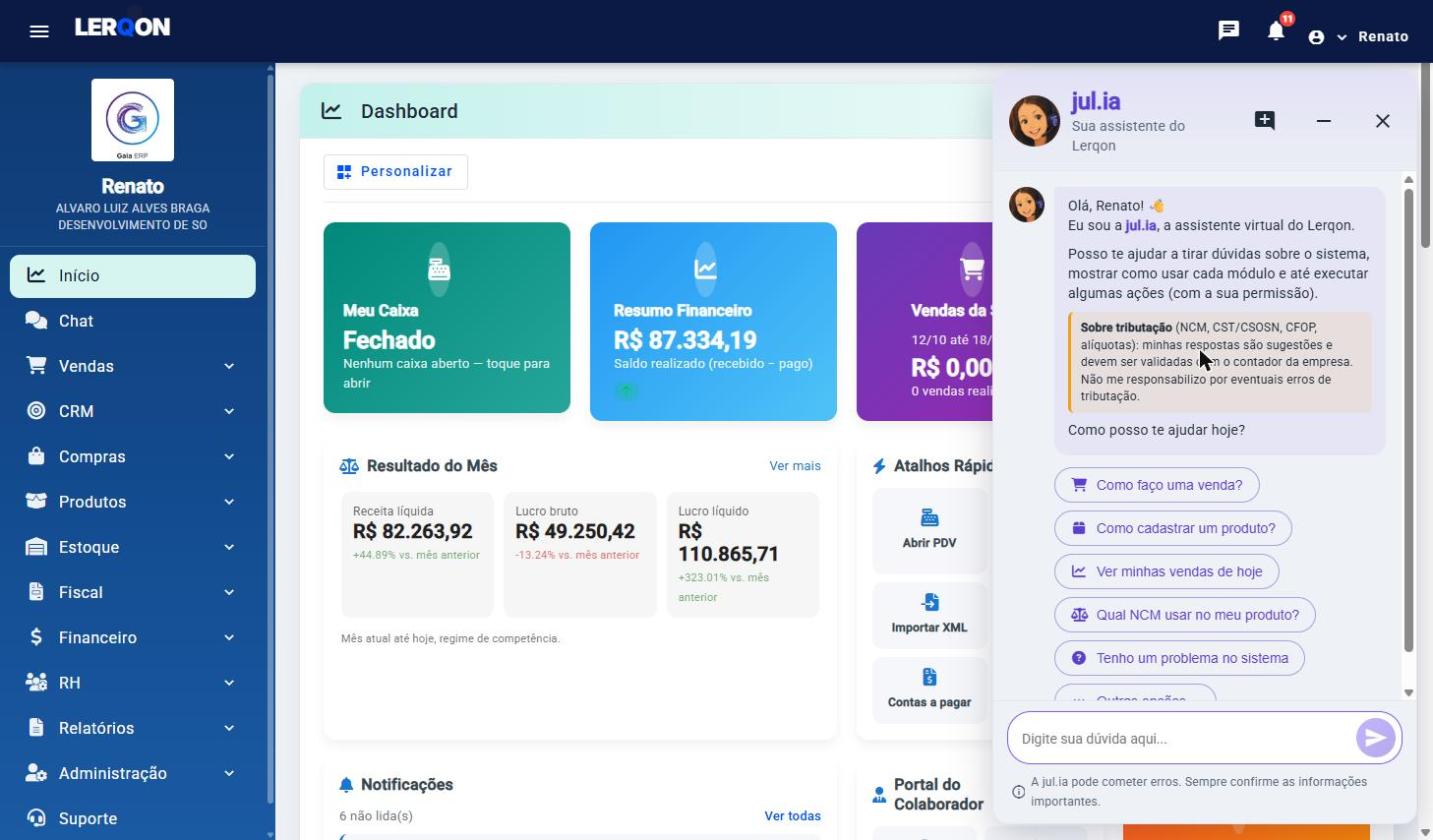 Chat da jul.ia aberto sobre o dashboard do LerqOn