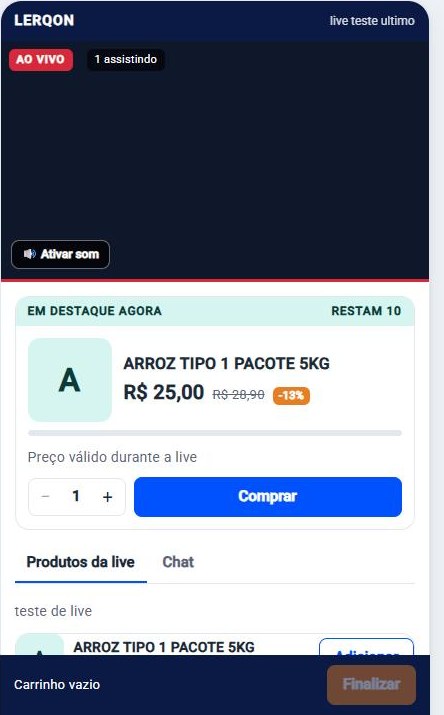 Página de compra da live no celular, com vídeo no topo, produto em destaque, botão Comprar e carrinho fixo embaixo