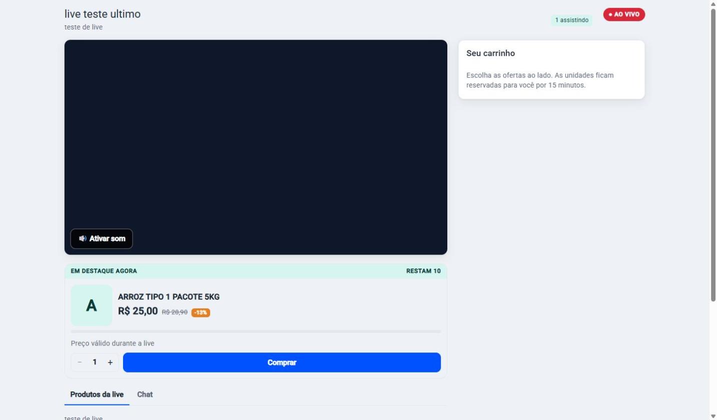 Página de compra da live para o espectador, com vídeo, produto em destaque e botão Comprar