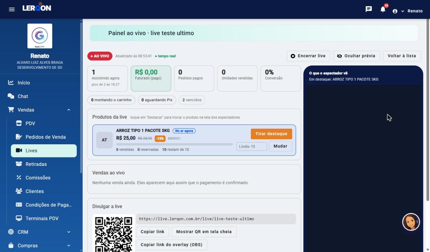 Painel ao vivo do LerqOn com faturamento, pedidos, produto em destaque, QR code e prévia do que o espectador vê