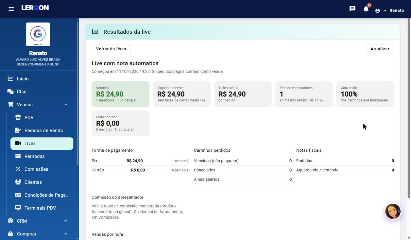 Resultados da live no LerqOn com vendido, ticket médio, conversão, forma de pagamento e notas fiscais